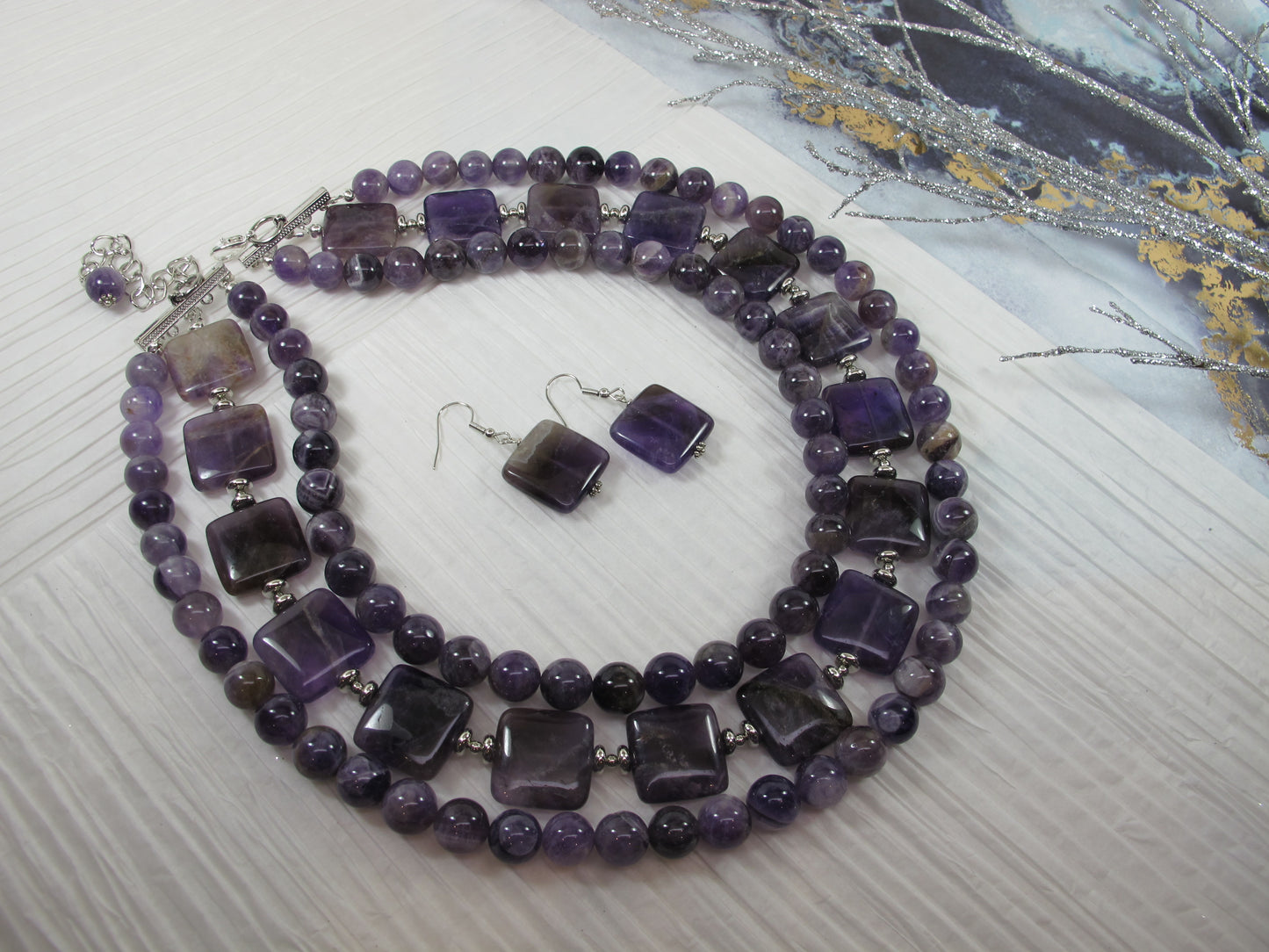 Chunky amethyst statement necklace,multi strand statement purple necklace, beaded necklace, big violet beads, amethyst statement jewelry