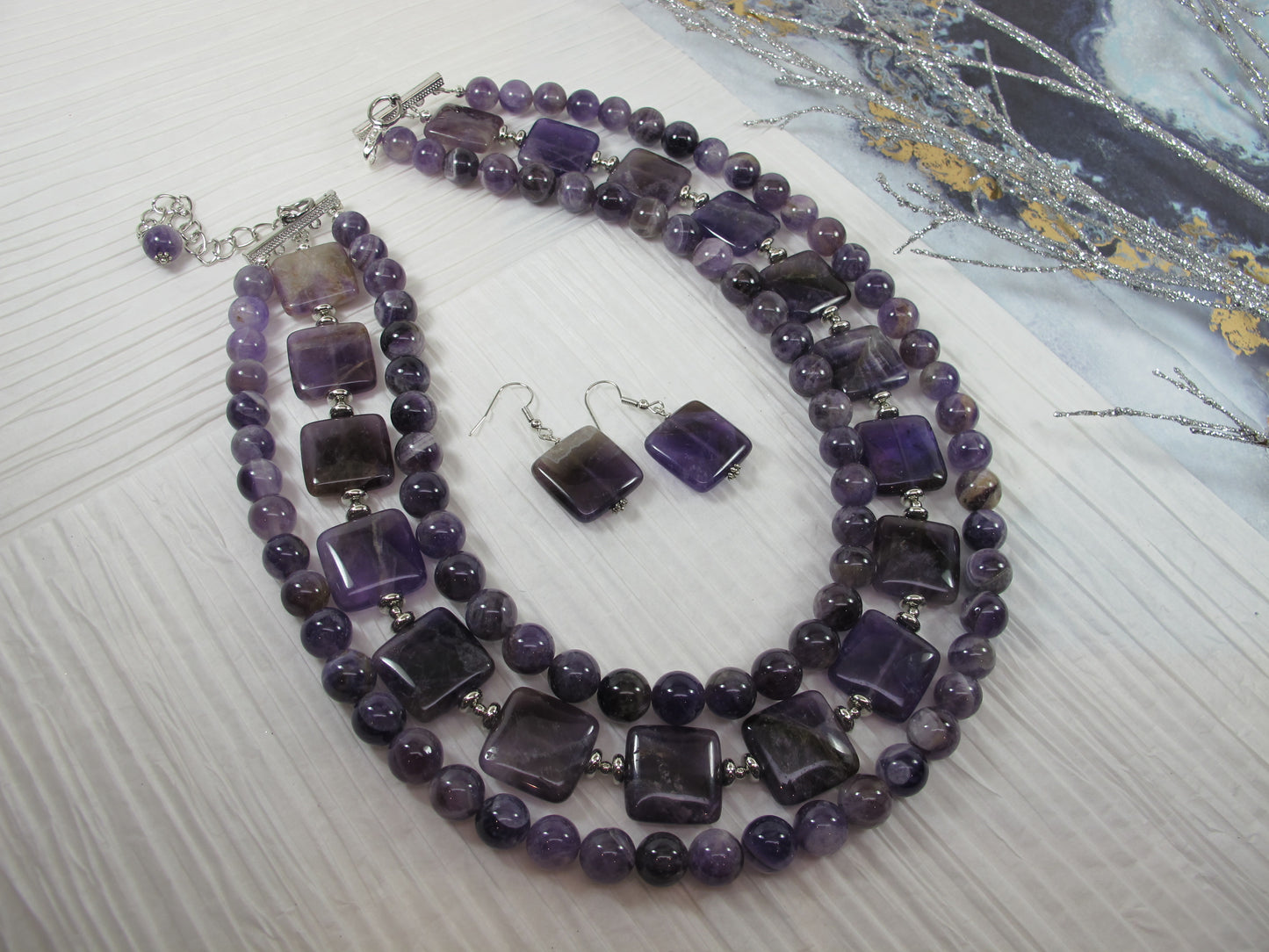 Chunky amethyst statement necklace,multi strand statement purple necklace, beaded necklace, big violet beads, amethyst statement jewelry