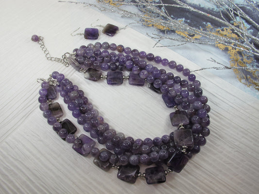 Chunky amethyst statement necklace,multi strand statement purple necklace, beaded necklace, big violet beads, amethyst statement jewelry