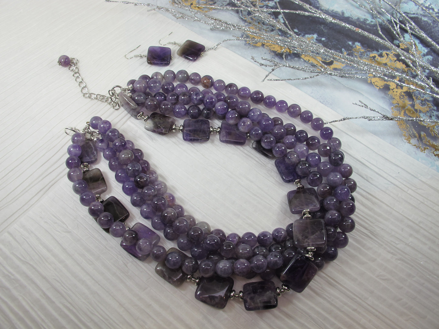 Chunky amethyst statement necklace,multi strand statement purple necklace, beaded necklace, big violet beads, amethyst statement jewelry