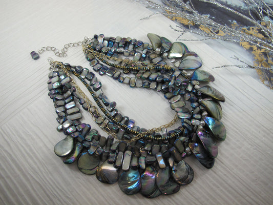 Dramatic Six Strand Shell and Natural Mother of Pearl Necklace Peacock multicolor pearl statement necklace Mother of pearl gray necklace