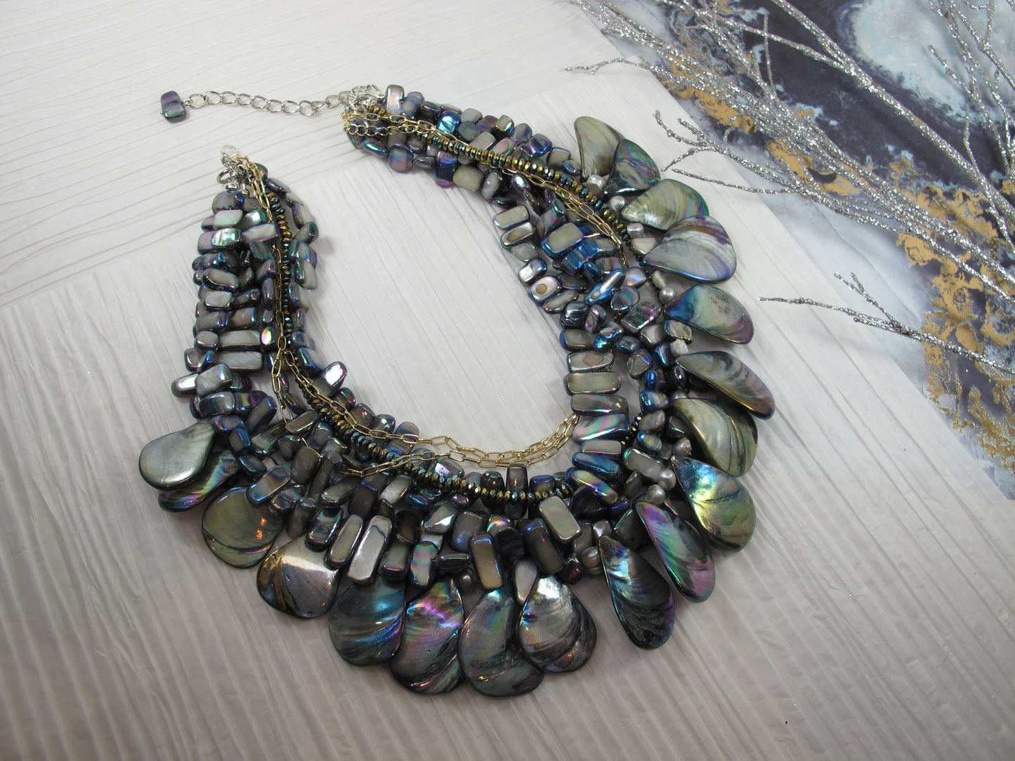 Dramatic Six Strand Shell and Natural Mother of Pearl Necklace Peacock multicolor pearl statement necklace Mother of pearl gray necklace