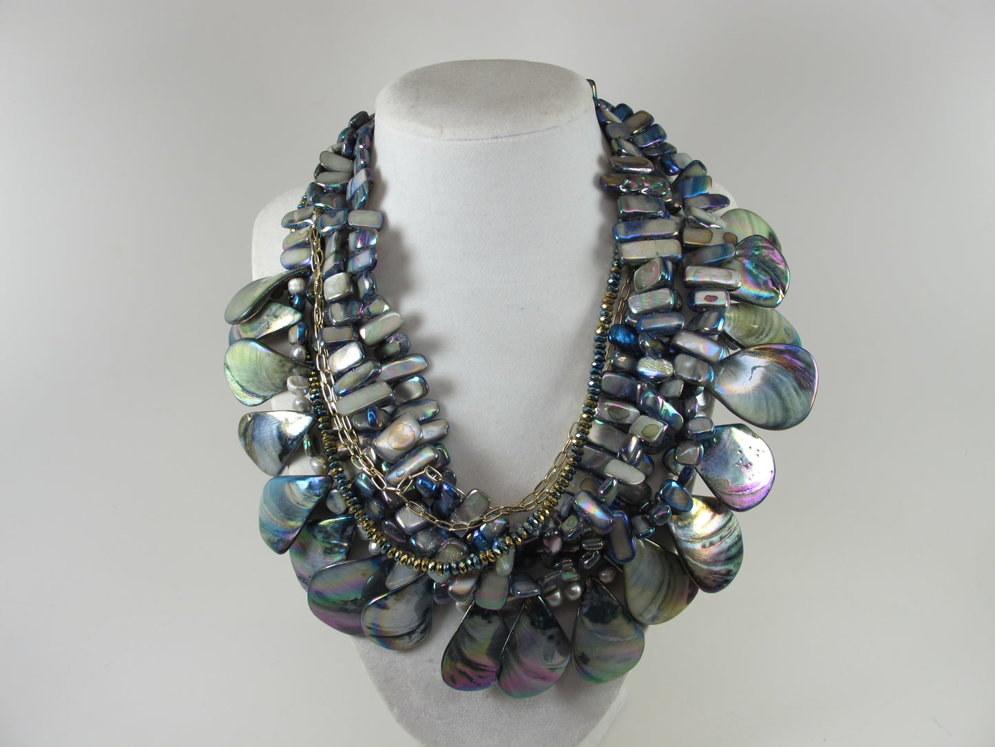 Dramatic Six Strand Shell and Natural Mother of Pearl Necklace Peacock multicolor pearl statement necklace Mother of pearl gray necklace