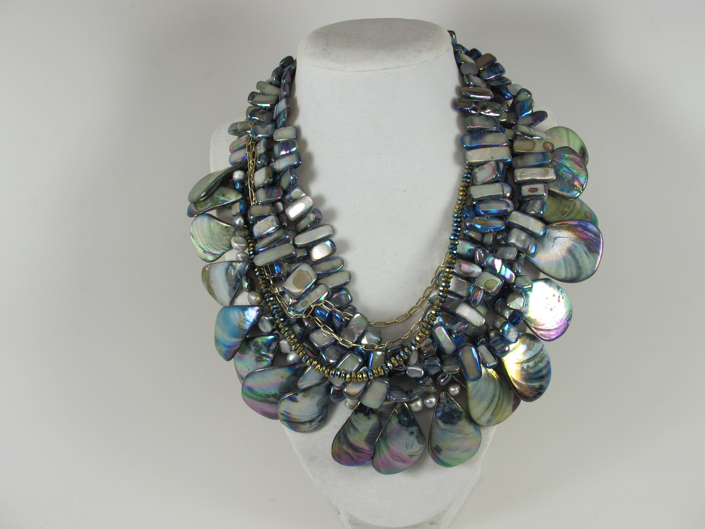 Dramatic Six Strand Shell and Natural Mother of Pearl Necklace Peacock multicolor pearl statement necklace Mother of pearl gray necklace