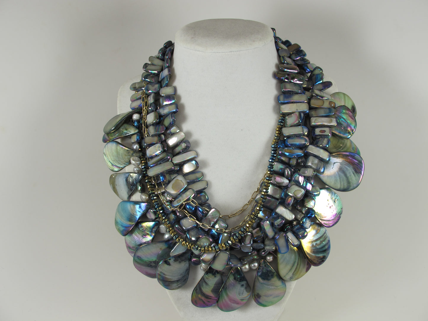 Dramatic Six Strand Shell and Natural Mother of Pearl Necklace Peacock multicolor pearl statement necklace Mother of pearl gray necklace