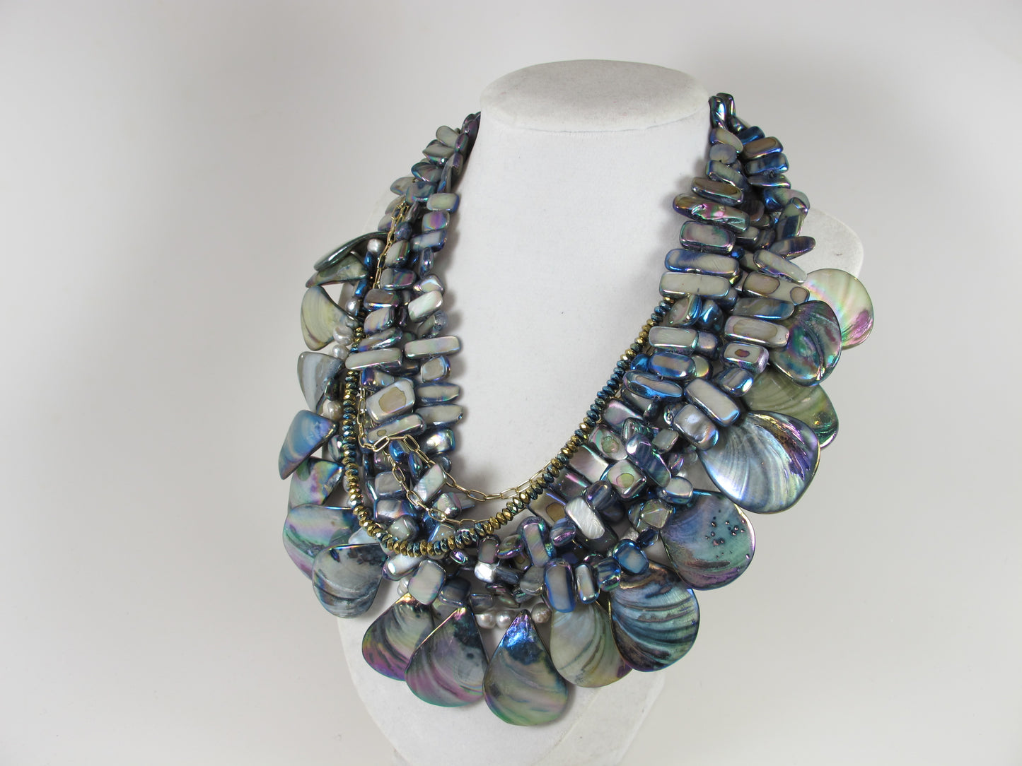 Dramatic Six Strand Shell and Natural Mother of Pearl Necklace Peacock multicolor pearl statement necklace Mother of pearl gray necklace