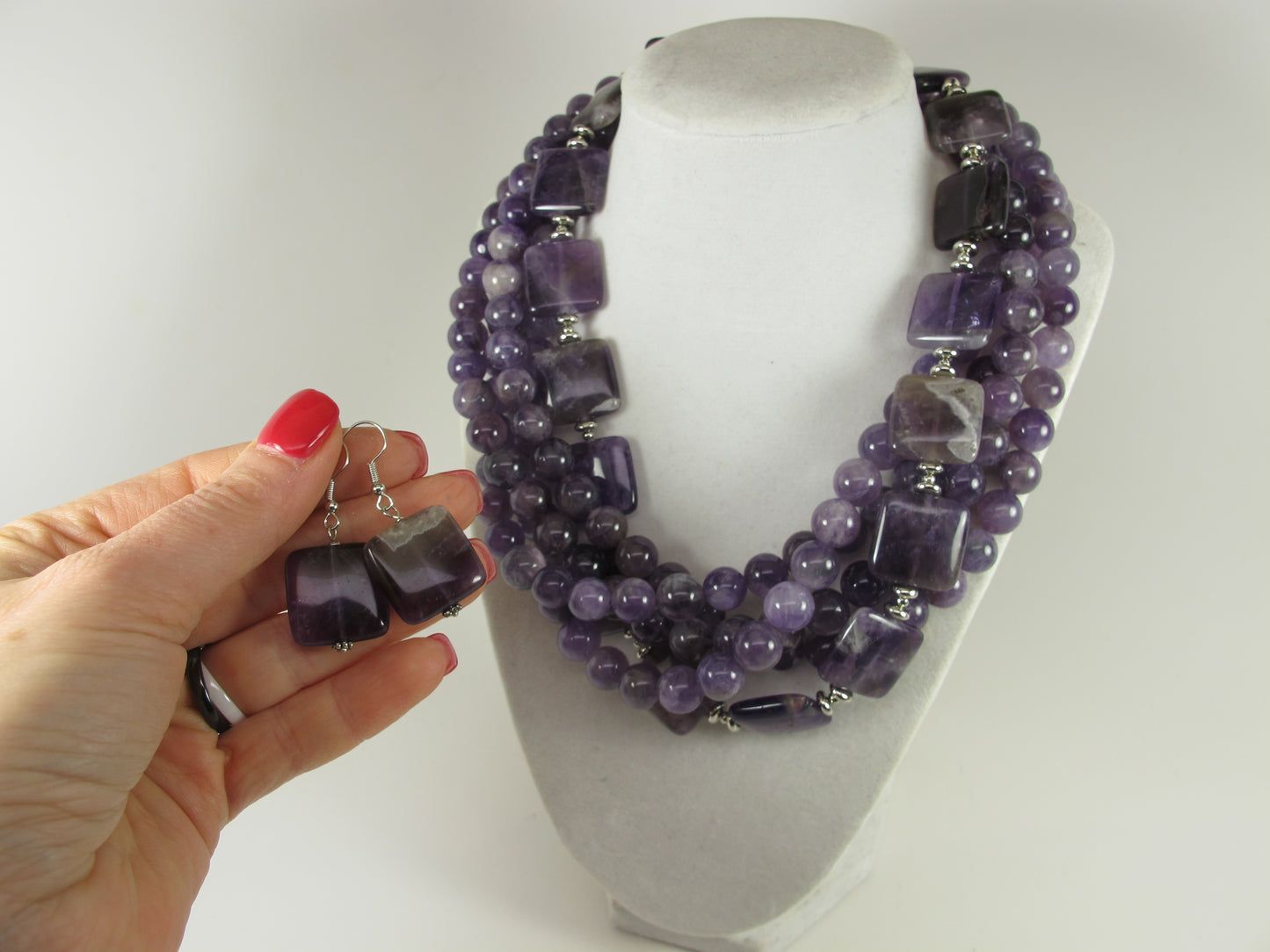 Chunky amethyst statement necklace,multi strand statement purple necklace, beaded necklace, big violet beads, amethyst statement jewelry