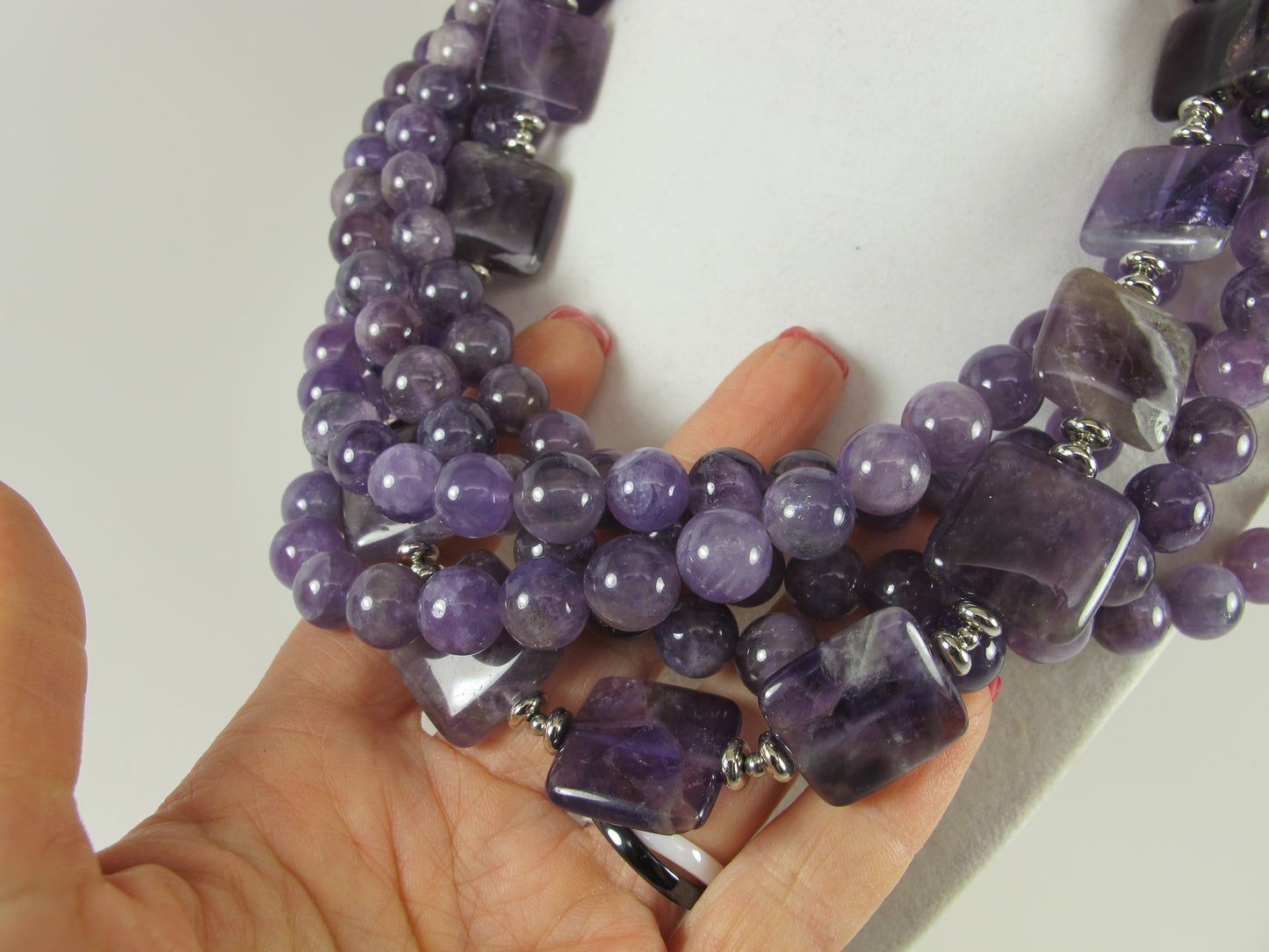 Chunky amethyst statement necklace,multi strand statement purple necklace, beaded necklace, big violet beads, amethyst statement jewelry