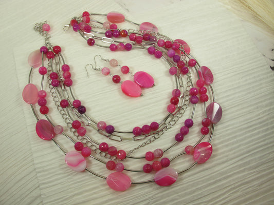 Chunky Hot Pink Gemstone Necklace, multistrand pink agate and silver chains jewelry, spring Easter