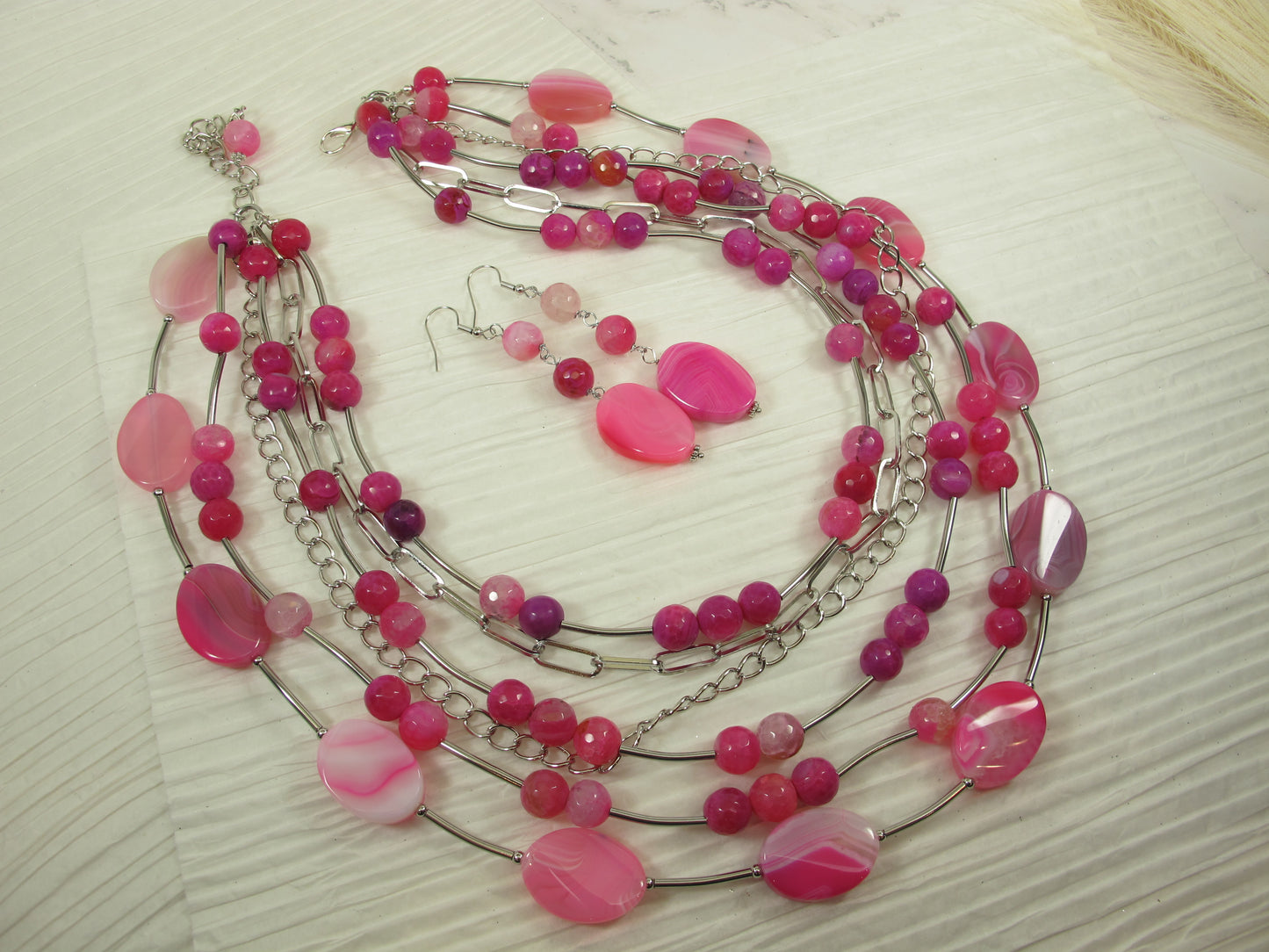 Chunky Hot Pink Gemstone Necklace, multistrand pink agate and silver chains jewelry, spring Easter