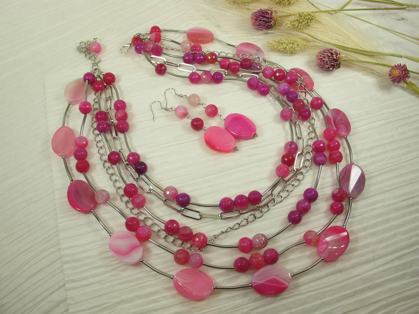 Chunky Hot Pink Gemstone Necklace, multistrand pink agate and silver chains jewelry, spring Easter