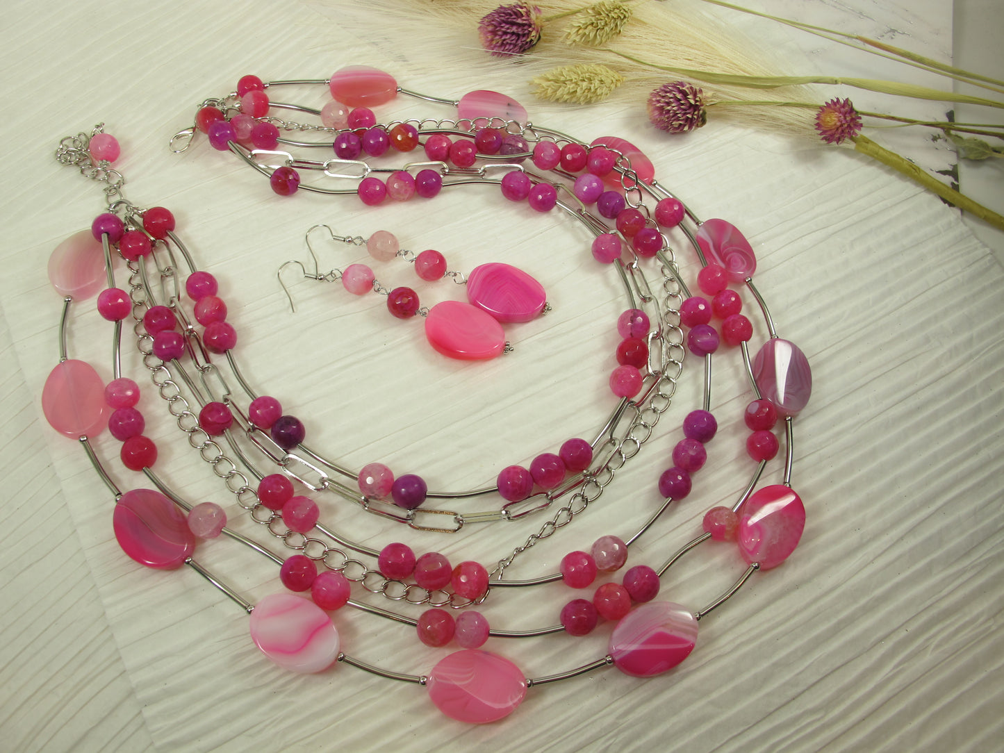 Chunky Hot Pink Gemstone Necklace, multistrand pink agate and silver chains jewelry, spring Easter