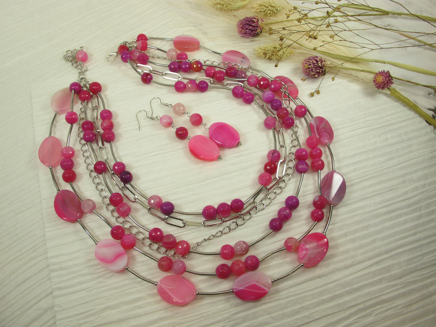 Chunky Hot Pink Gemstone Necklace, multistrand pink agate and silver chains jewelry, spring Easter
