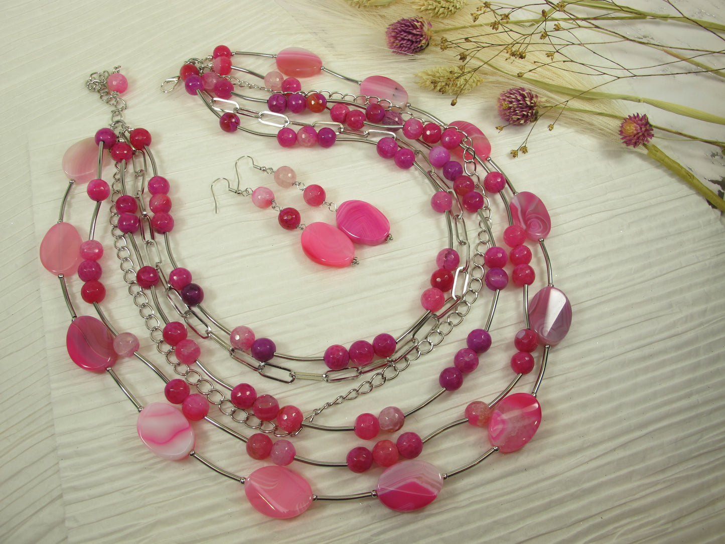 Chunky Hot Pink Gemstone Necklace, multistrand pink agate and silver chains jewelry, spring Easter