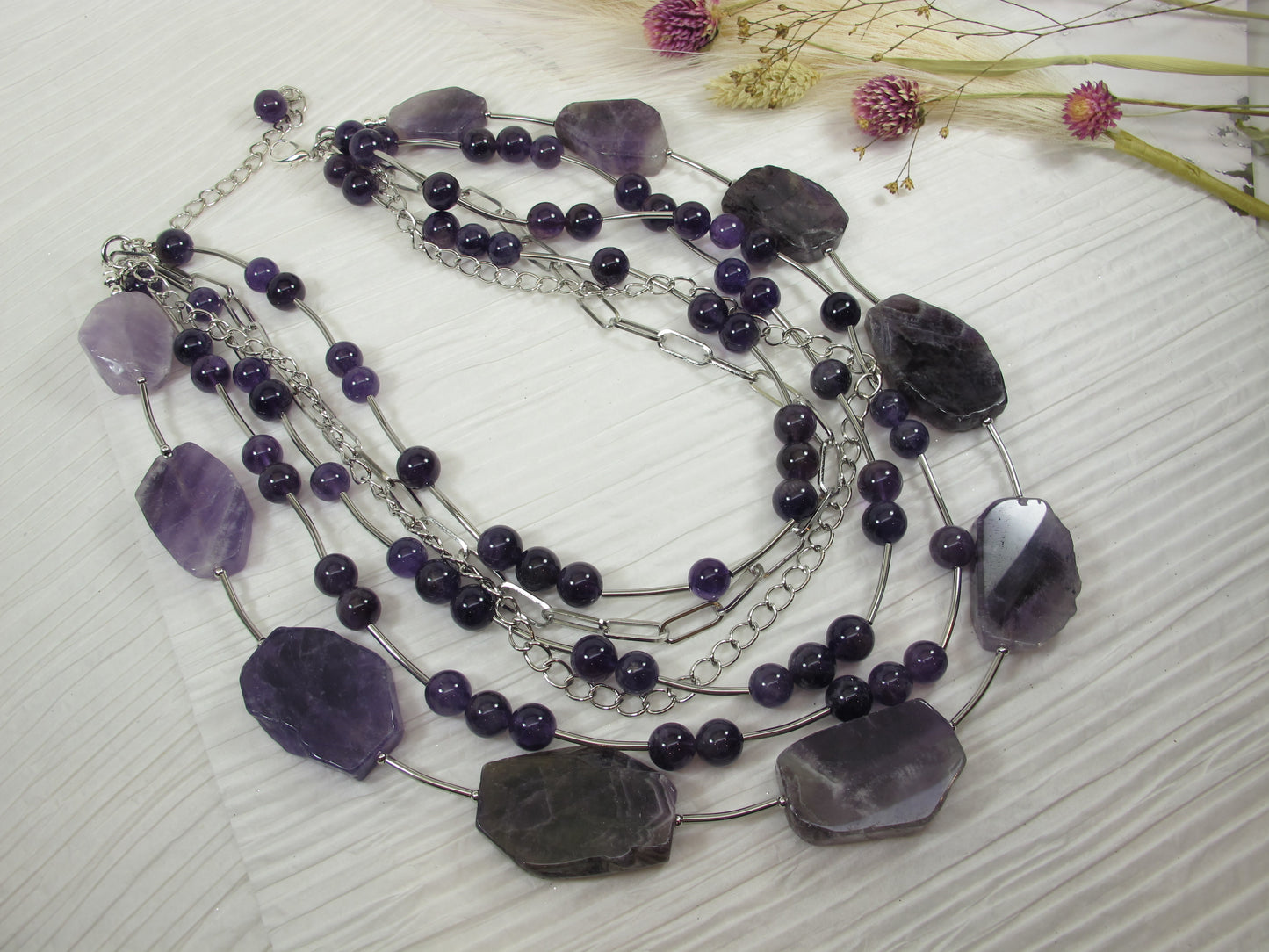 Chunky amethyst statement necklace,multi strand statement purple necklace, beaded necklace, amethyst statement jewelry