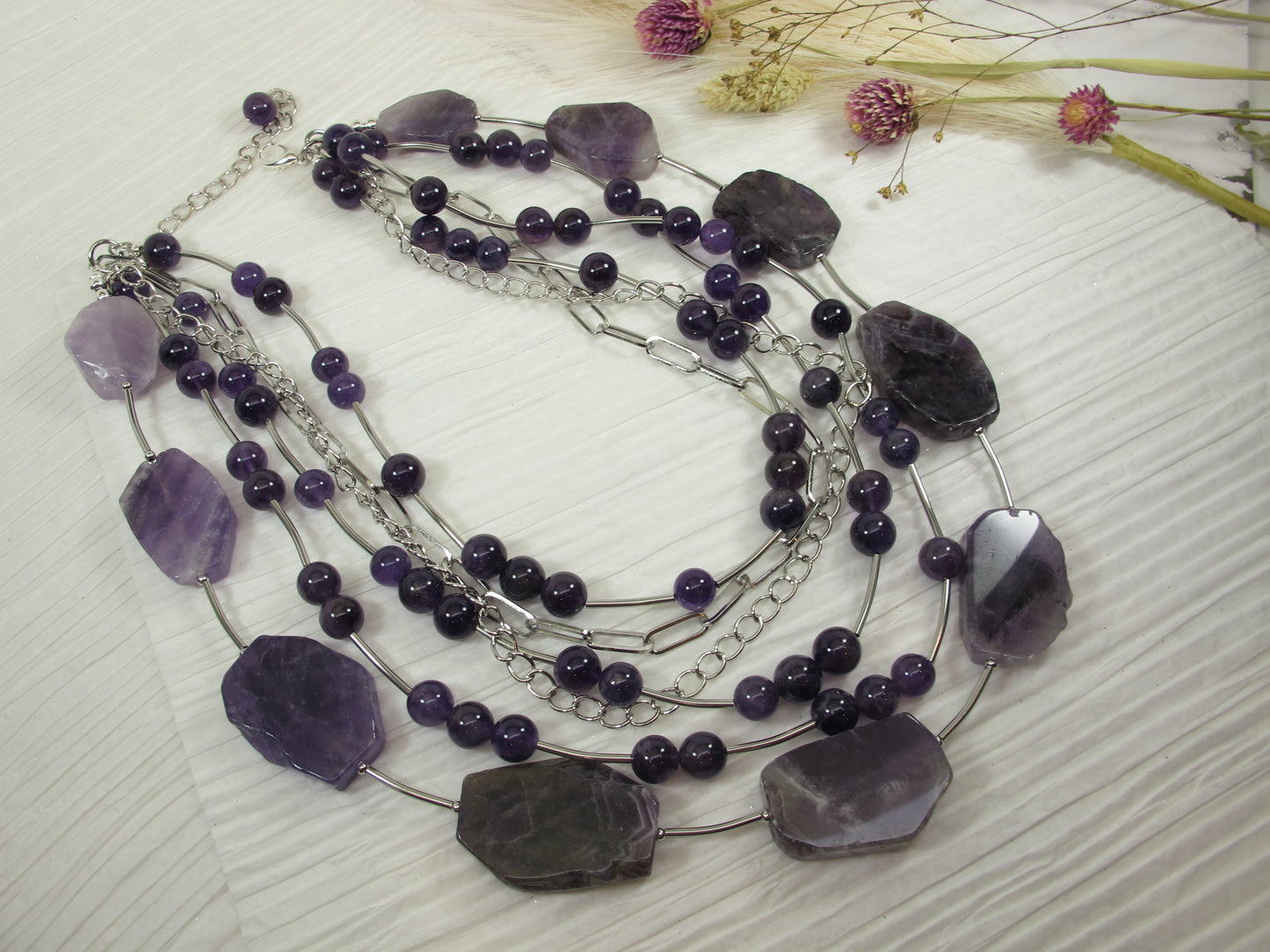 Chunky amethyst statement necklace,multi strand statement purple necklace, beaded necklace, amethyst statement jewelry