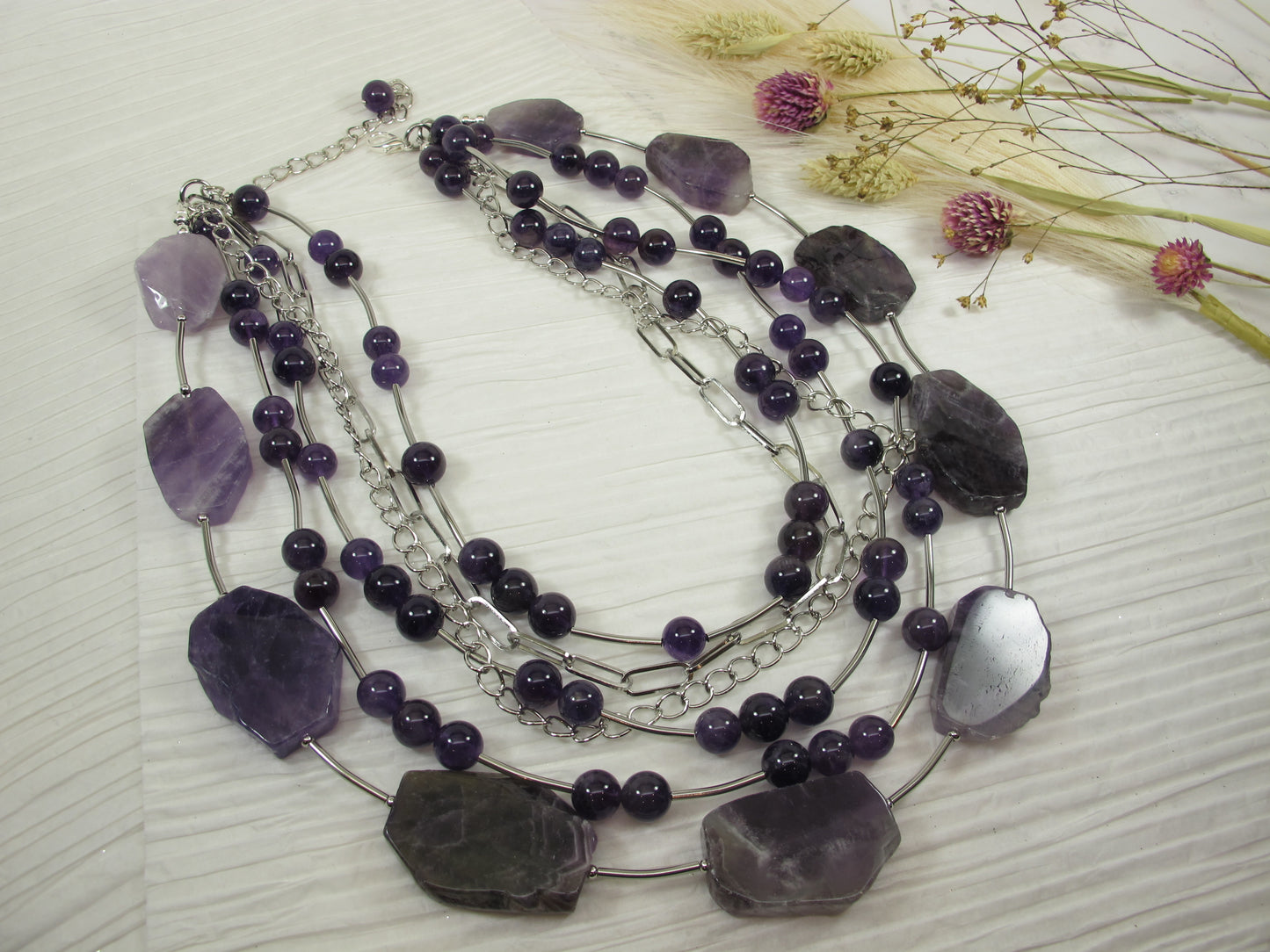 Chunky amethyst statement necklace,multi strand statement purple necklace, beaded necklace, amethyst statement jewelry