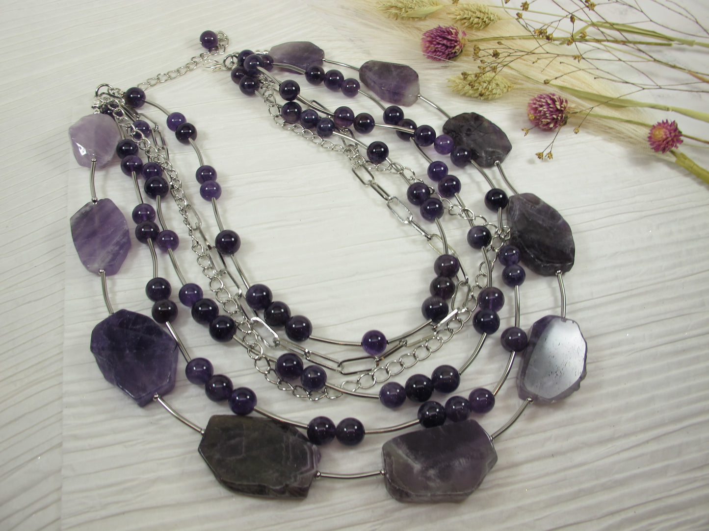 Chunky amethyst statement necklace,multi strand statement purple necklace, beaded necklace, amethyst statement jewelry