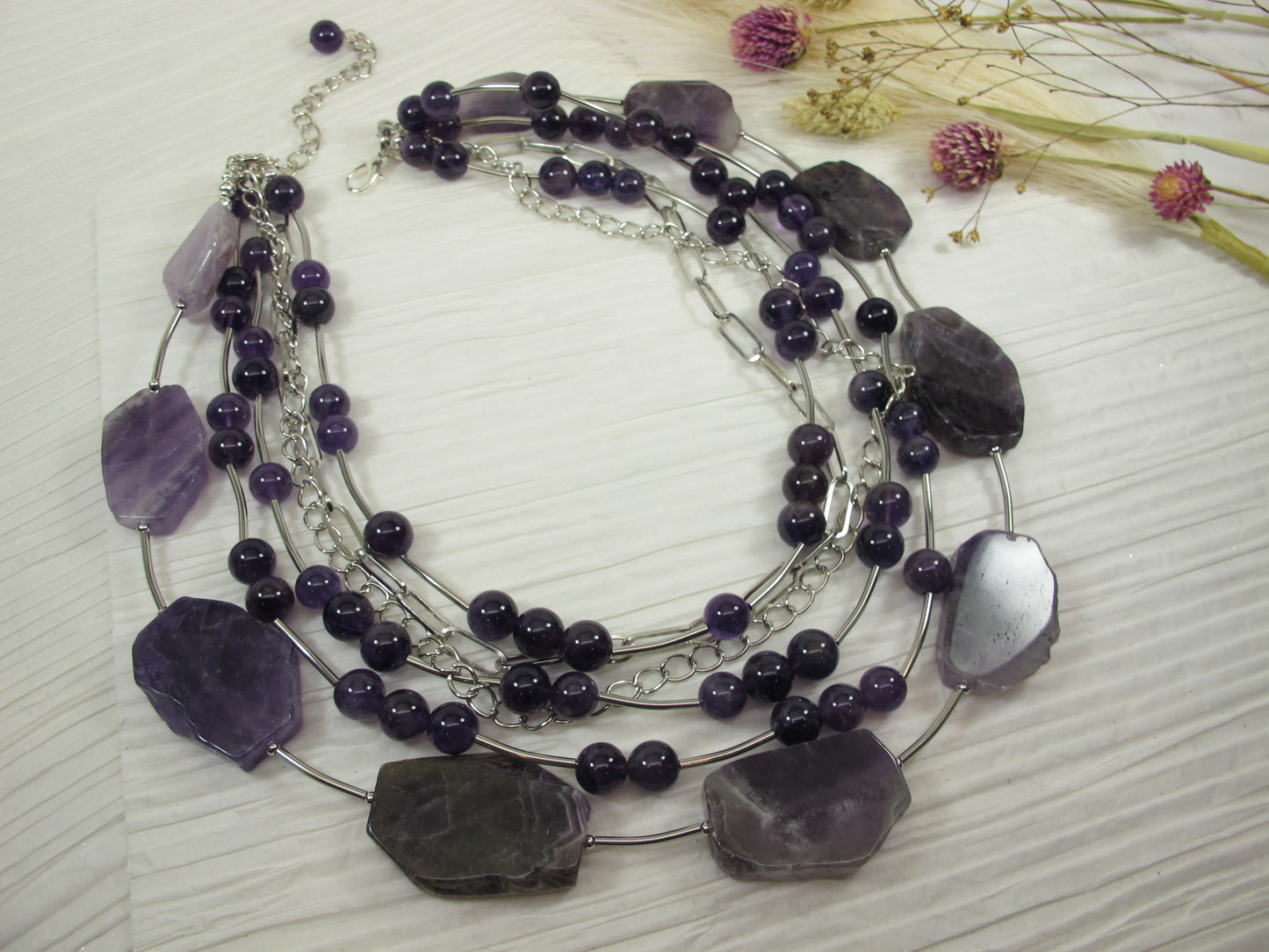 Chunky amethyst statement necklace,multi strand statement purple necklace, beaded necklace, amethyst statement jewelry