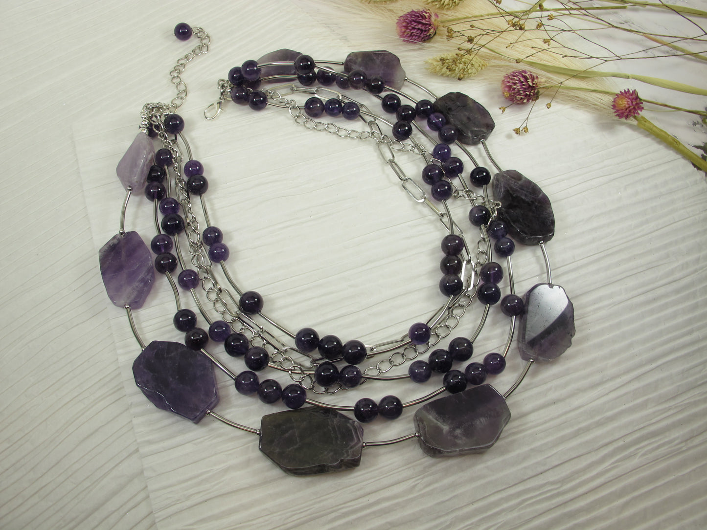 Chunky amethyst statement necklace,multi strand statement purple necklace, beaded necklace, amethyst statement jewelry