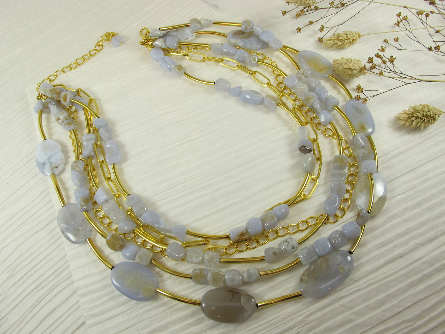 Pastel blue statement necklace, chunky multistrand blue lace agate jeweley, Easter chain