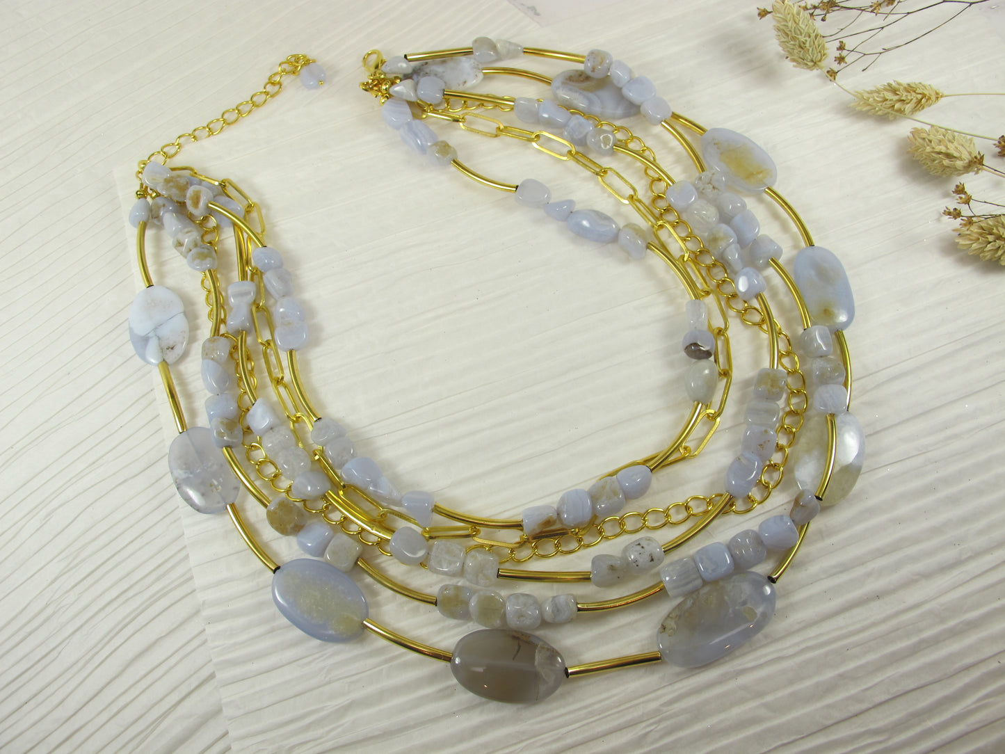 Pastel blue statement necklace, chunky multistrand blue lace agate jeweley, Easter chain