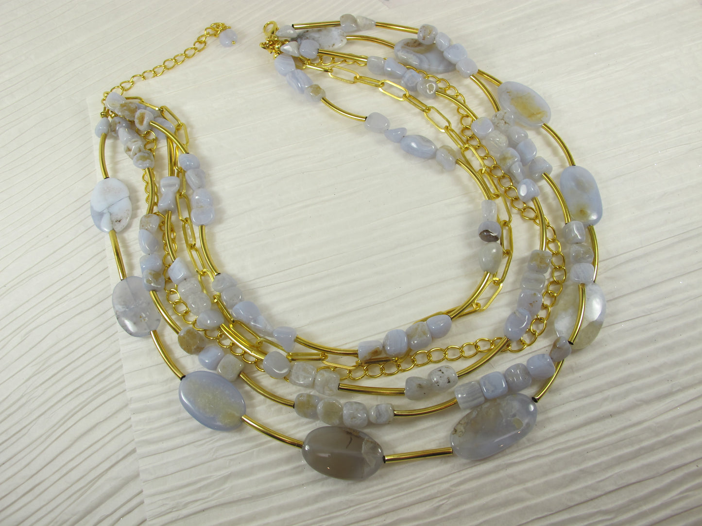 Pastel blue statement necklace, chunky multistrand blue lace agate jeweley, Easter chain