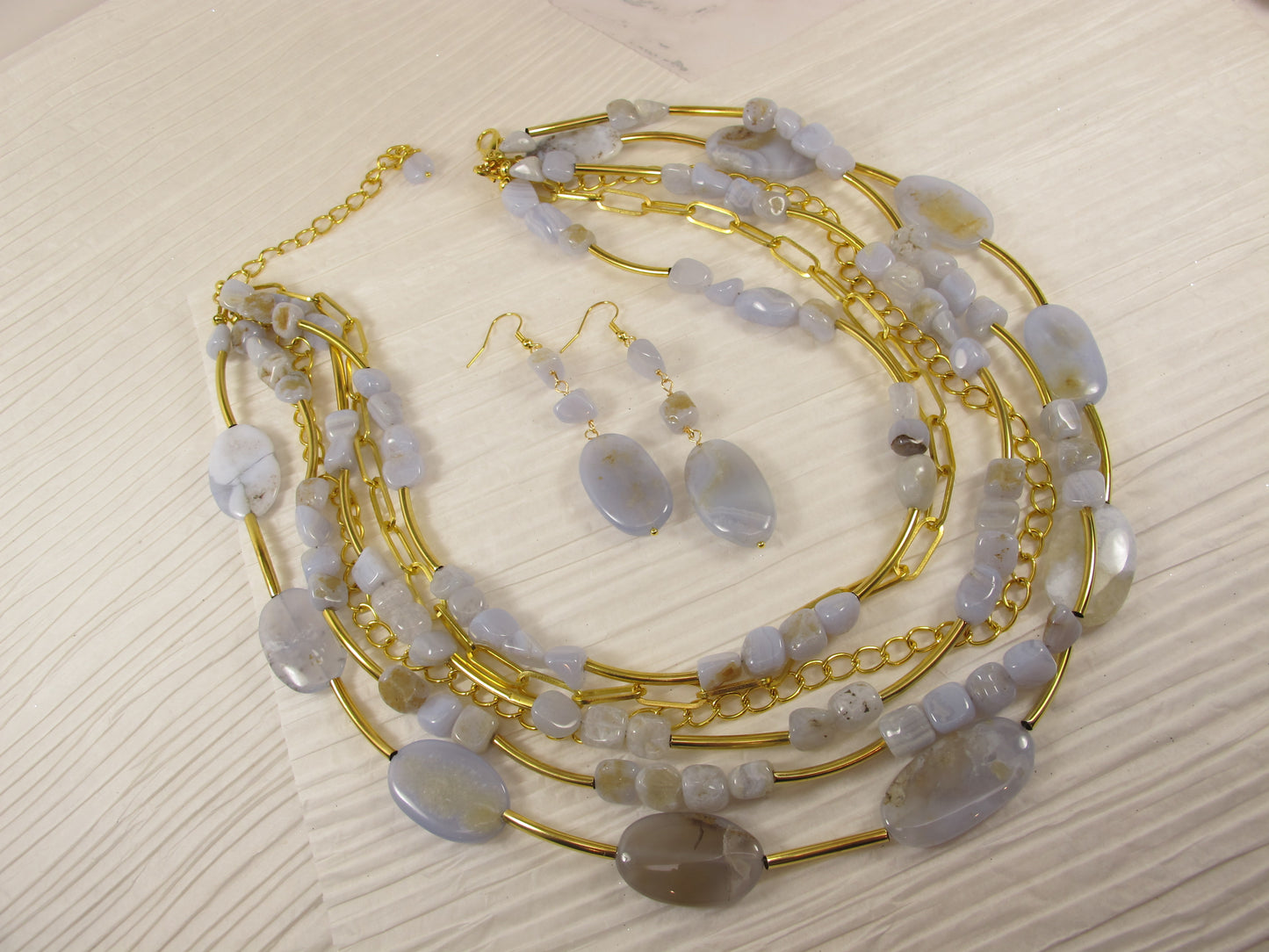 Pastel blue statement necklace, chunky multistrand blue lace agate jeweley, Easter chain