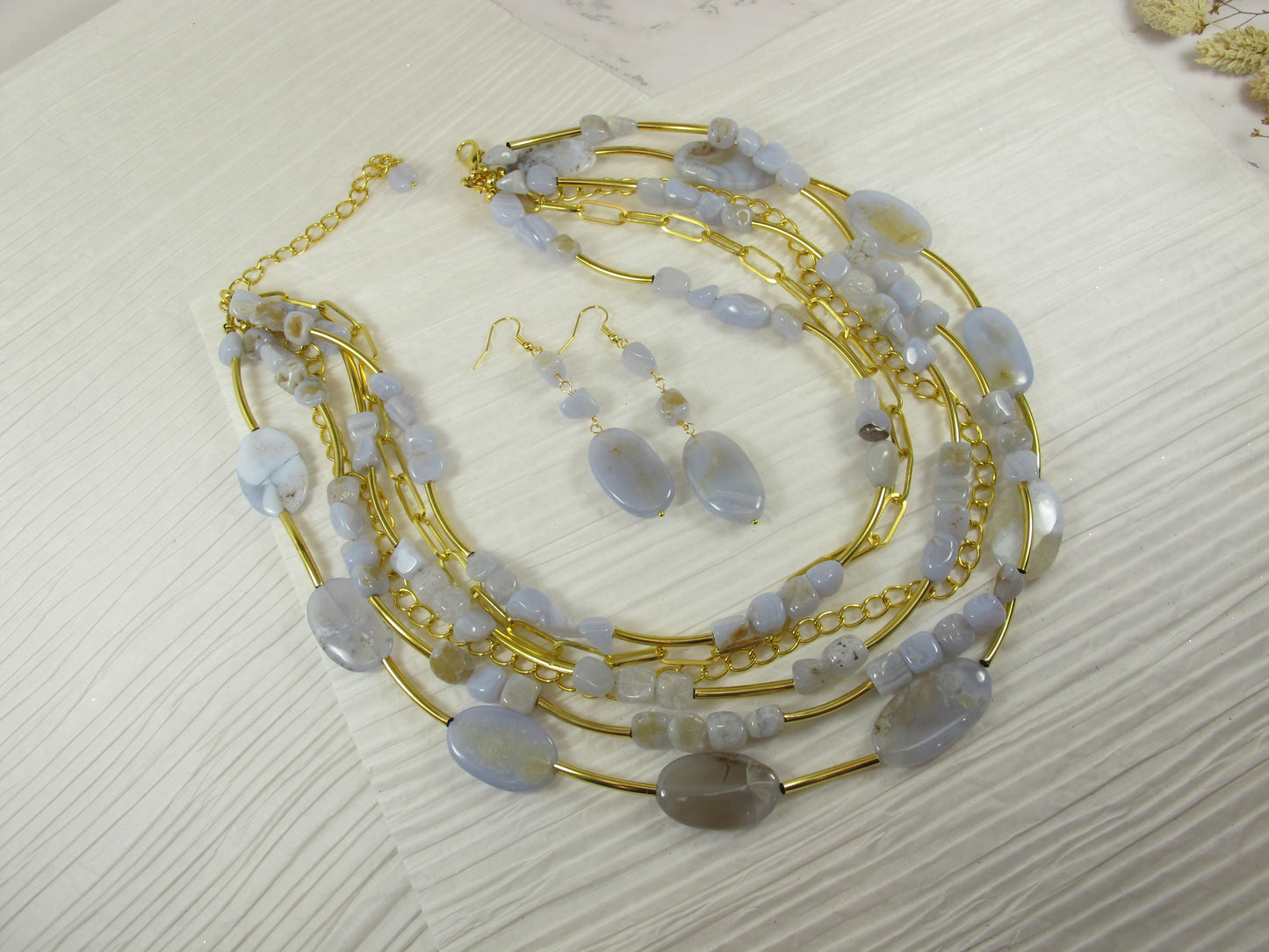 Pastel blue statement necklace, chunky multistrand blue lace agate jeweley, Easter chain