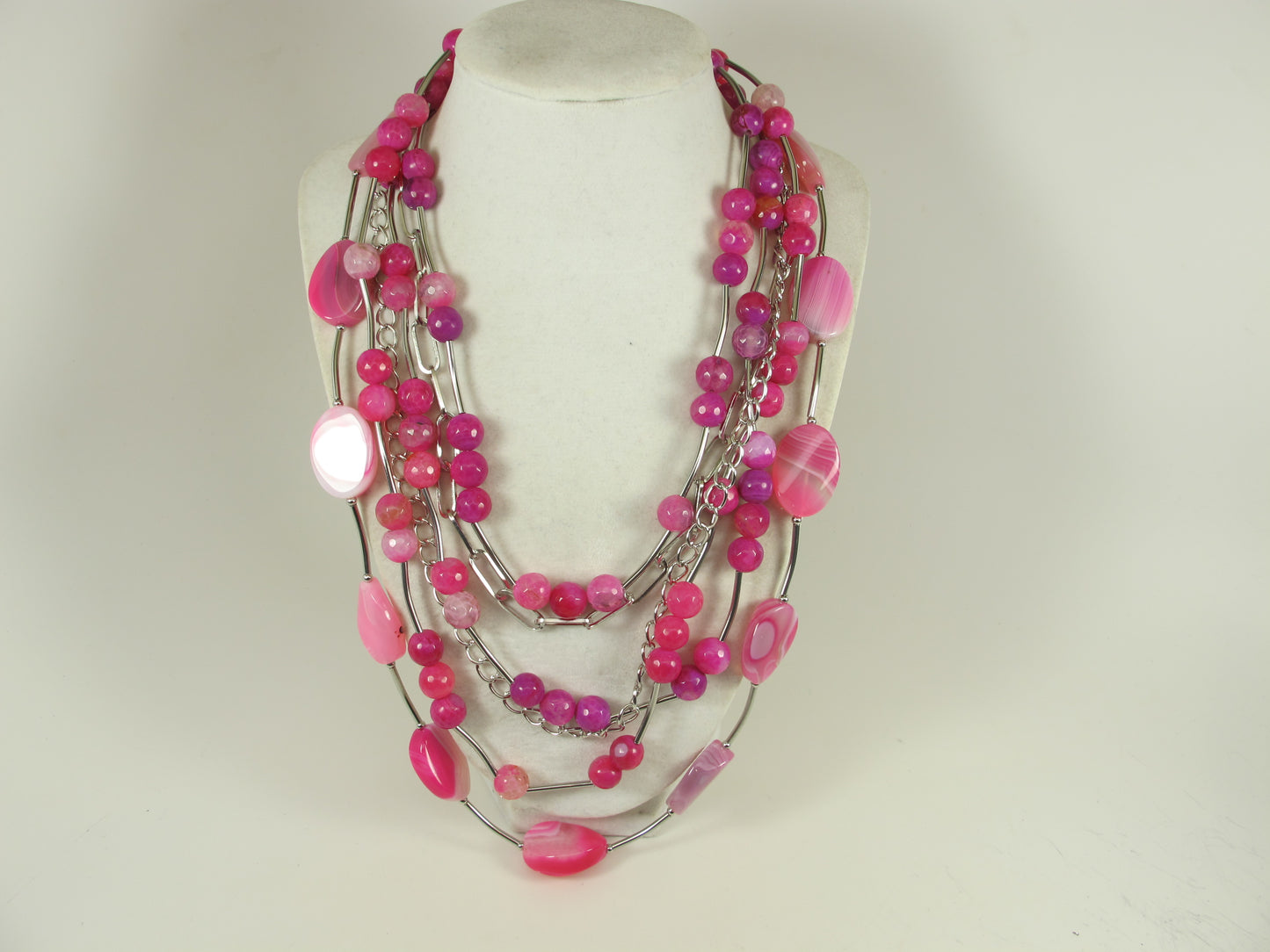 Chunky Hot Pink Gemstone Necklace, multistrand pink agate and silver chains jewelry, spring Easter