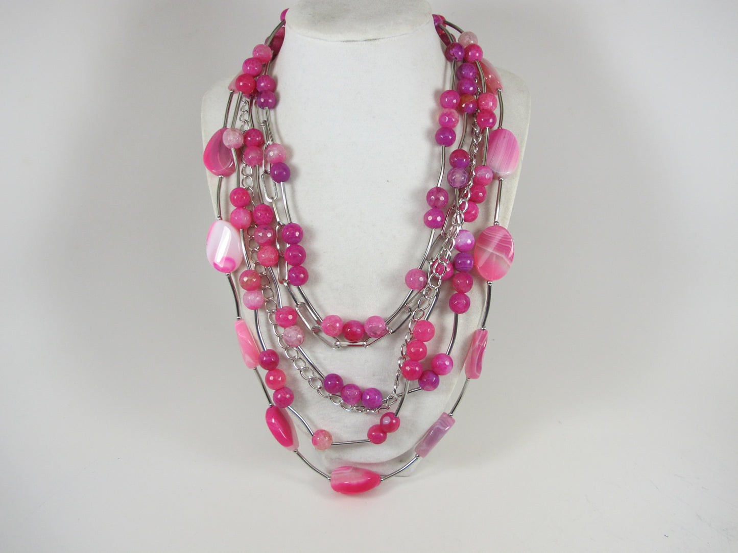 Chunky Hot Pink Gemstone Necklace, multistrand pink agate and silver chains jewelry, spring Easter
