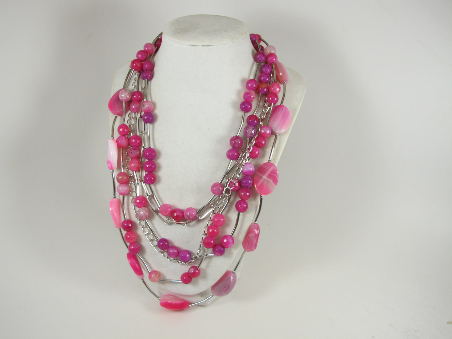 Chunky Hot Pink Gemstone Necklace, multistrand pink agate and silver chains jewelry, spring Easter