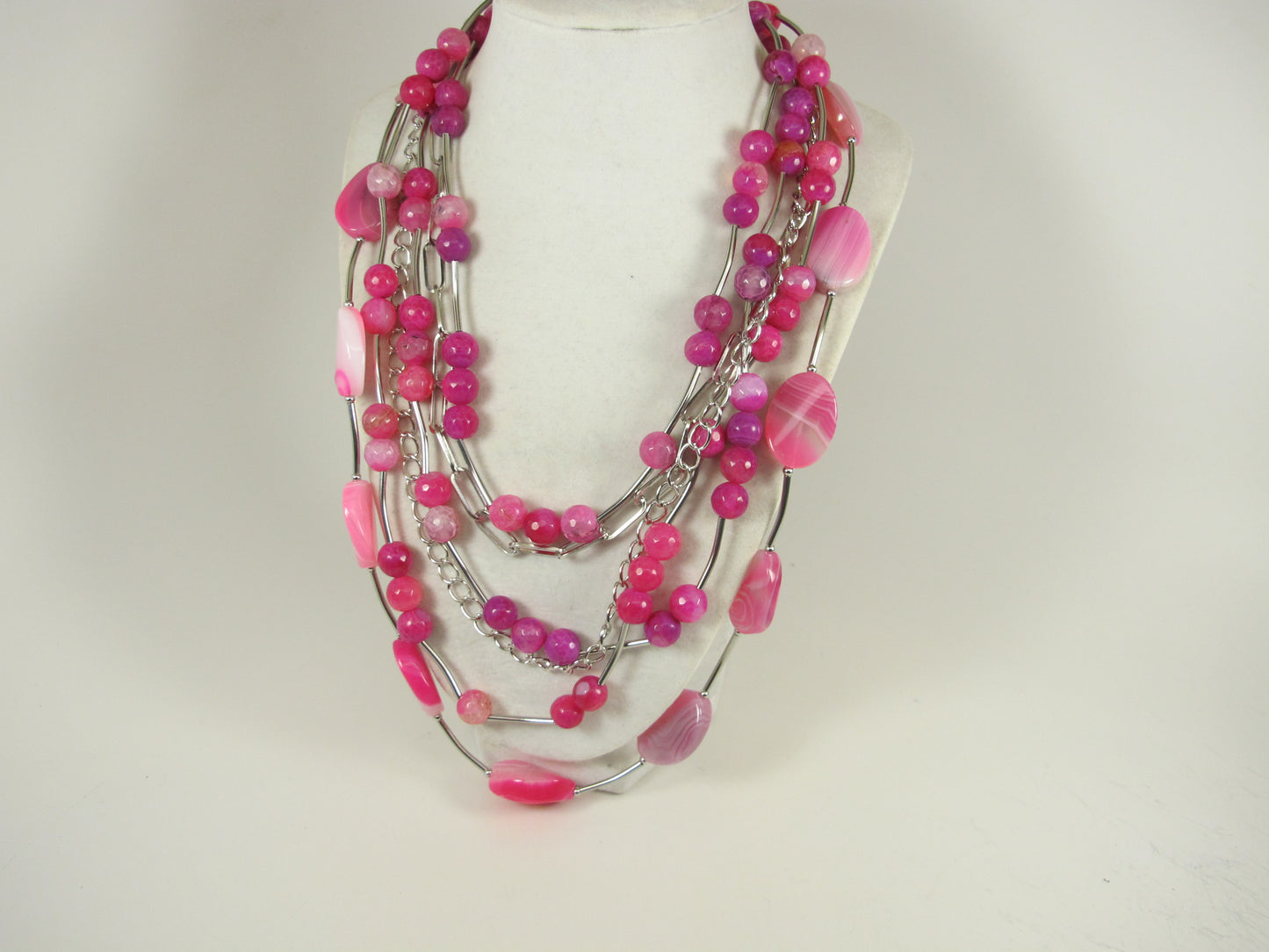 Chunky Hot Pink Gemstone Necklace, multistrand pink agate and silver chains jewelry, spring Easter
