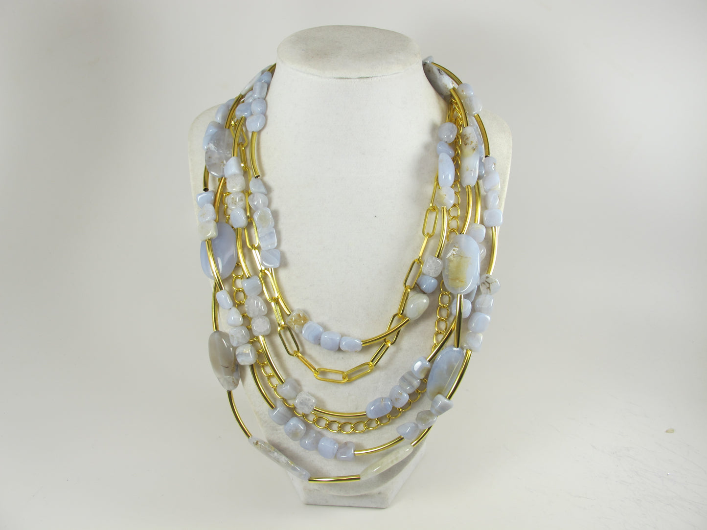 Pastel blue statement necklace, chunky multistrand blue lace agate jeweley, Easter chain
