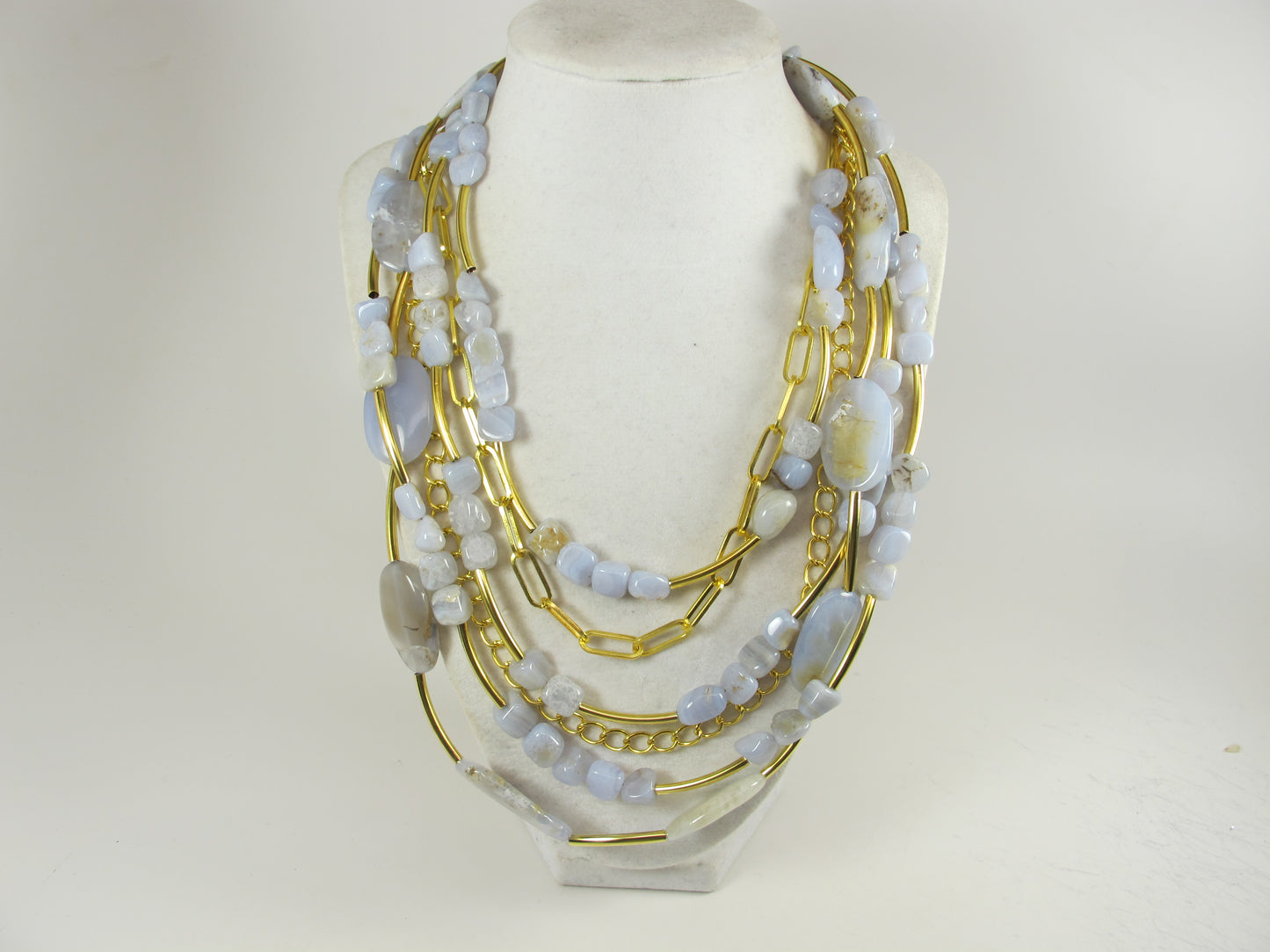 Pastel blue statement necklace, chunky multistrand blue lace agate jeweley, Easter chain
