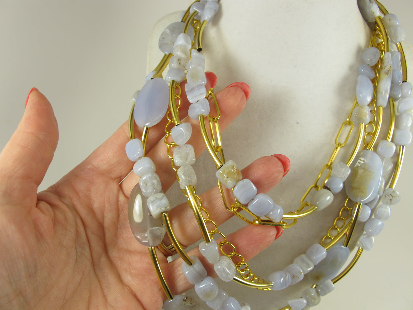 Pastel blue statement necklace, chunky multistrand blue lace agate jeweley, Easter chain