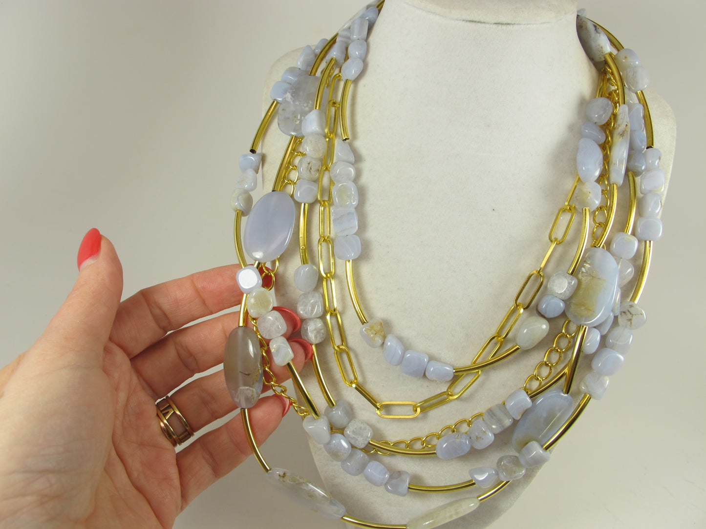 Pastel blue statement necklace, chunky multistrand blue lace agate jeweley, Easter chain