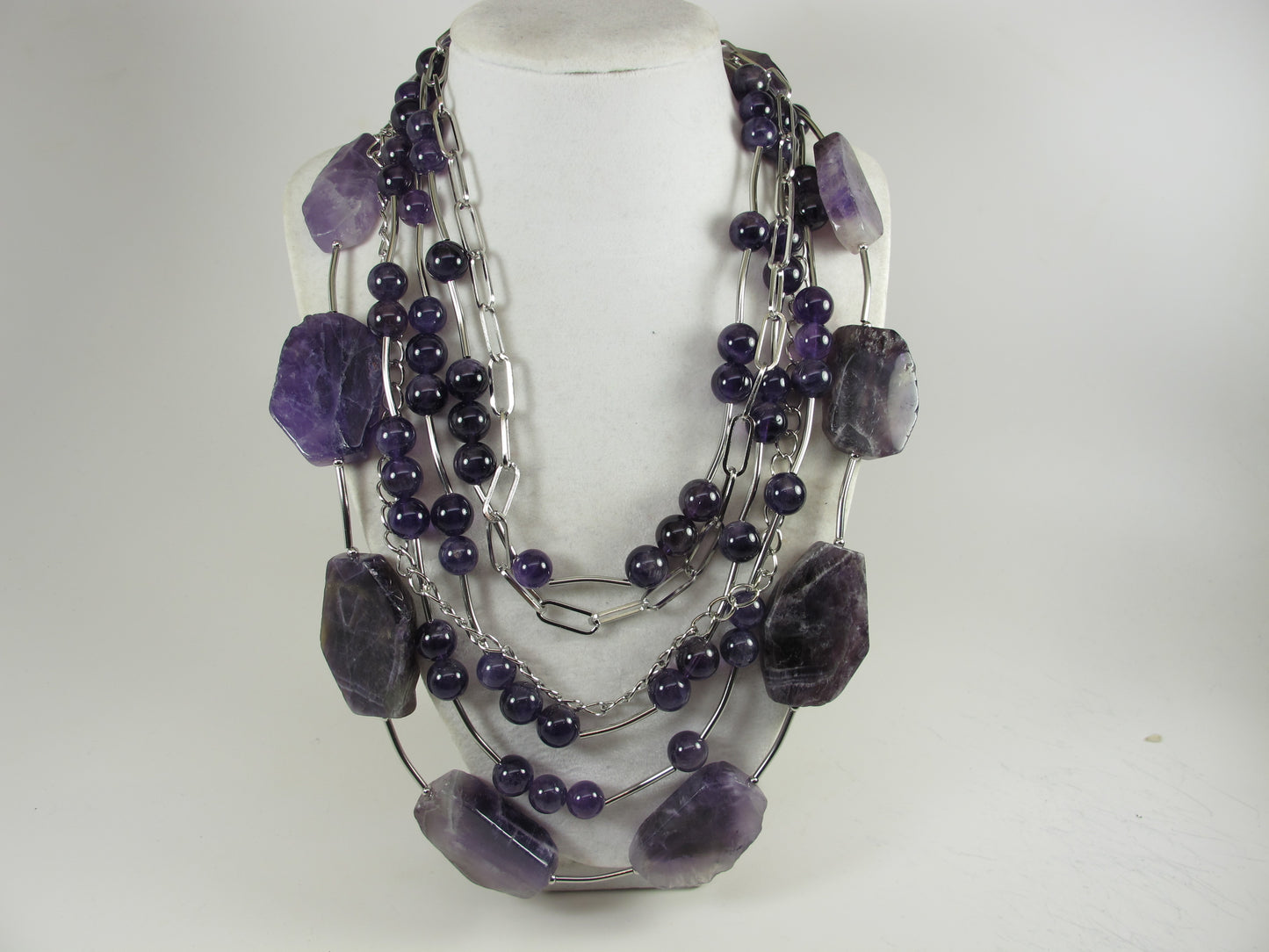 Chunky amethyst statement necklace,multi strand statement purple necklace, beaded necklace, amethyst statement jewelry