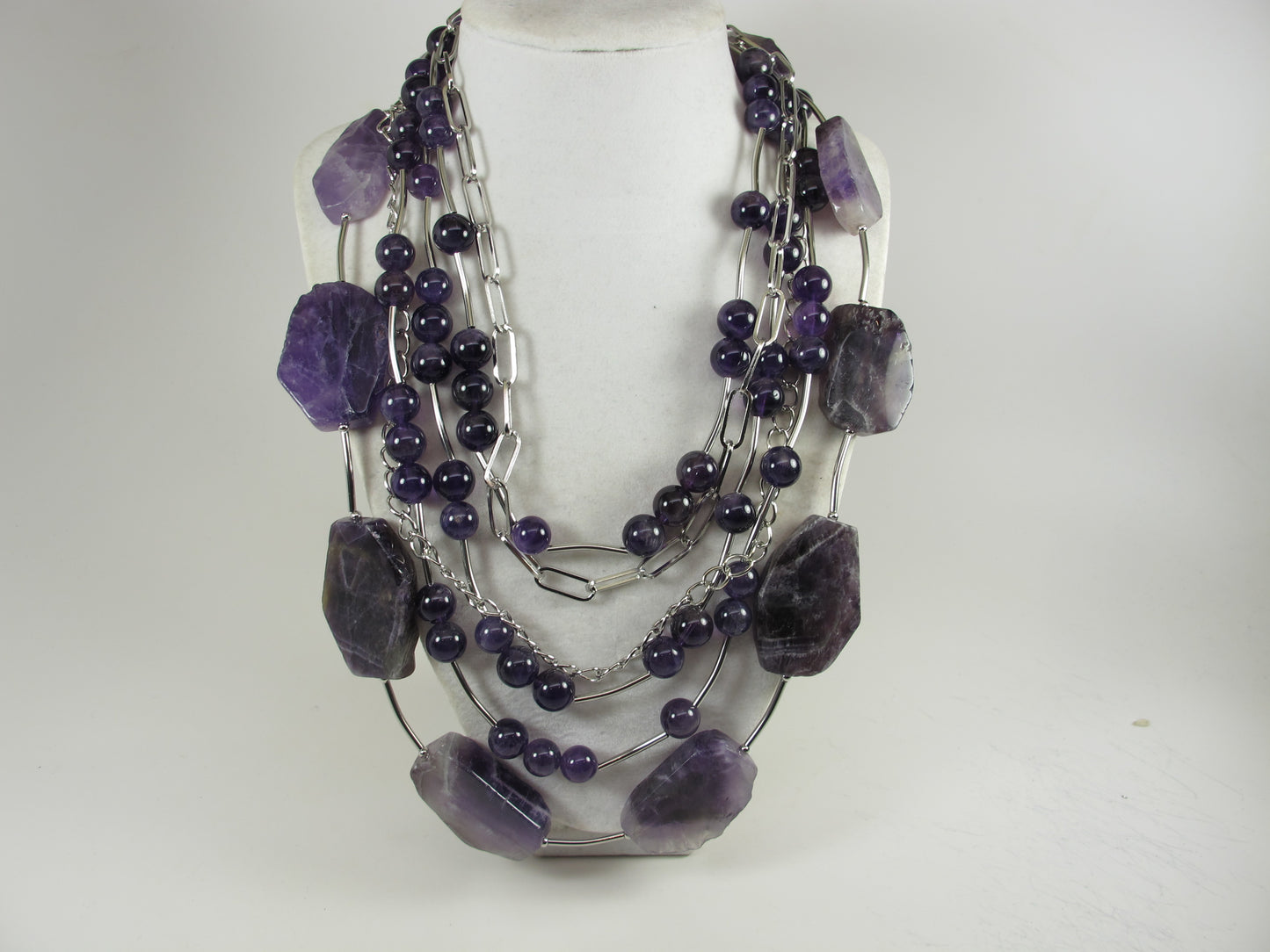 Chunky amethyst statement necklace,multi strand statement purple necklace, beaded necklace, amethyst statement jewelry