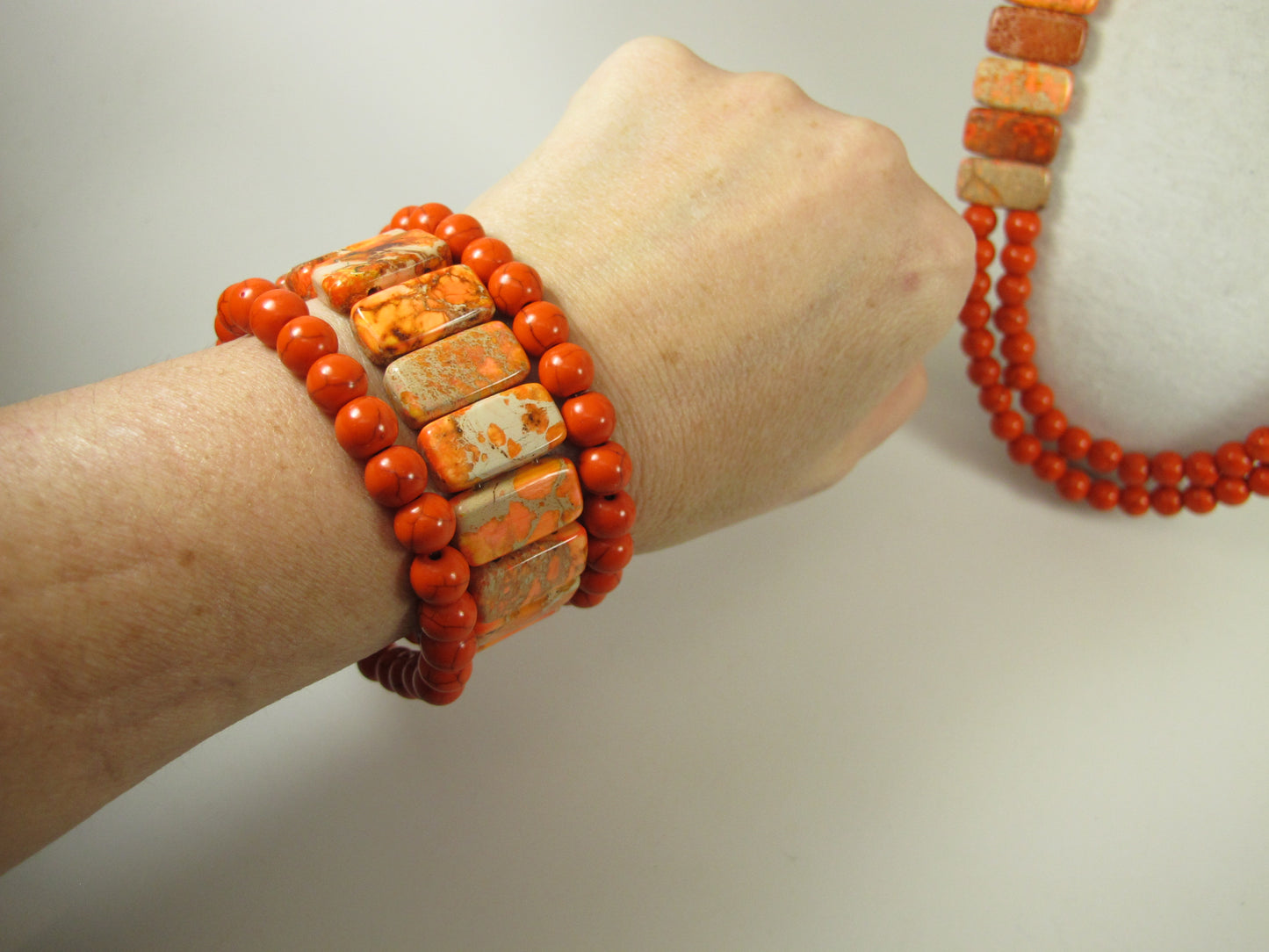Chunky Orange Turquoise Necklace, Imperial Jasper, Multi Strand Statement