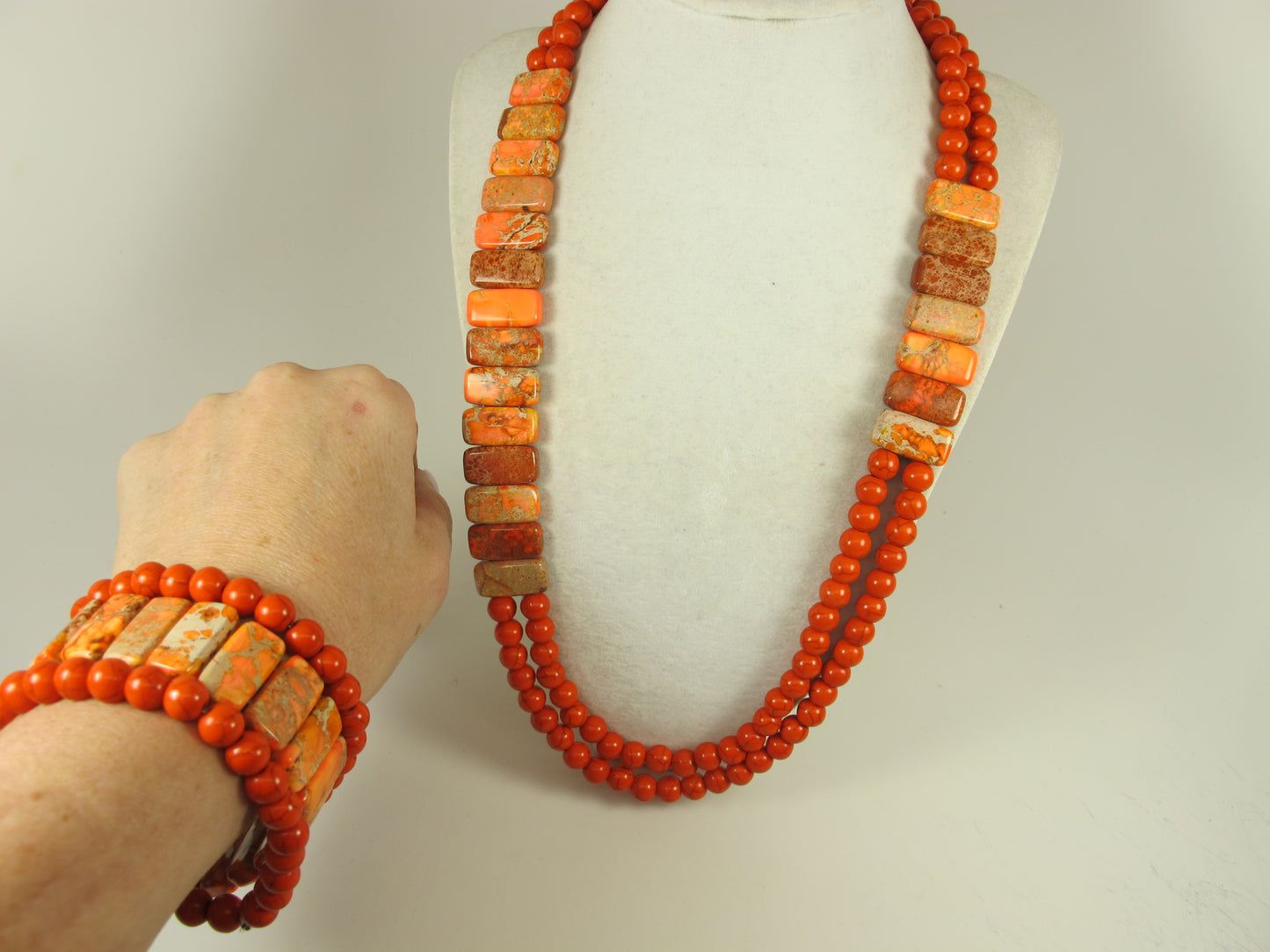 Chunky Orange Turquoise Necklace, Imperial Jasper, Multi Strand Statement